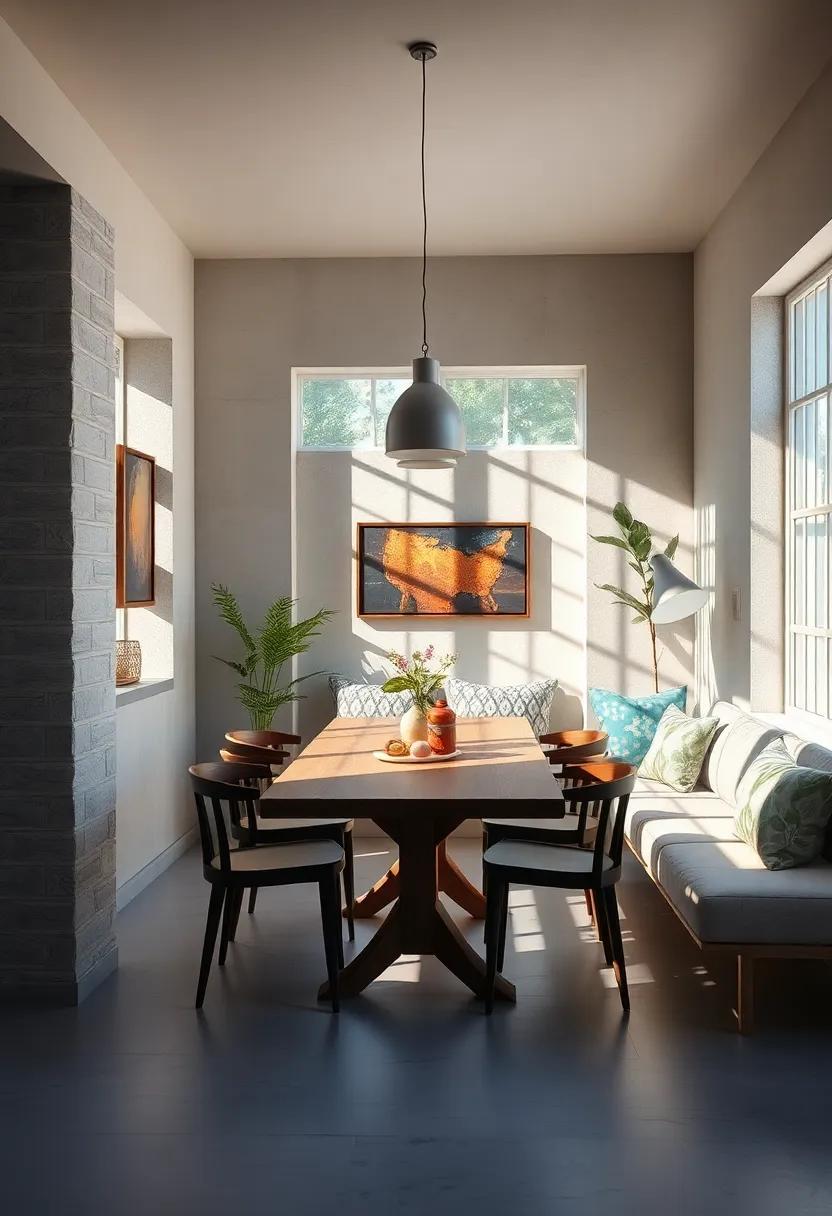 Soft Shadows Casting Patterns Over Rustic Wooden Tables in Bright, Naturally Lit Breakfast Nooks