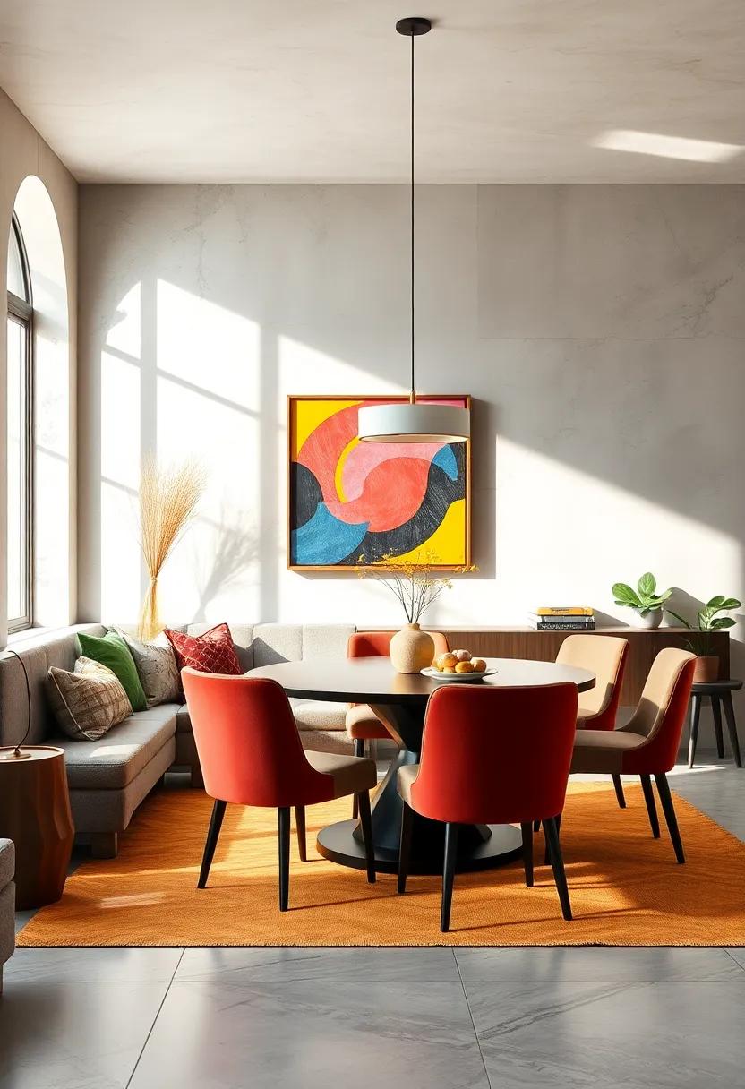 Natural Light Transforming Bold, Geometric Wall Art and Bright Upholstery into Vibrant Focal Points in Dining Spaces
