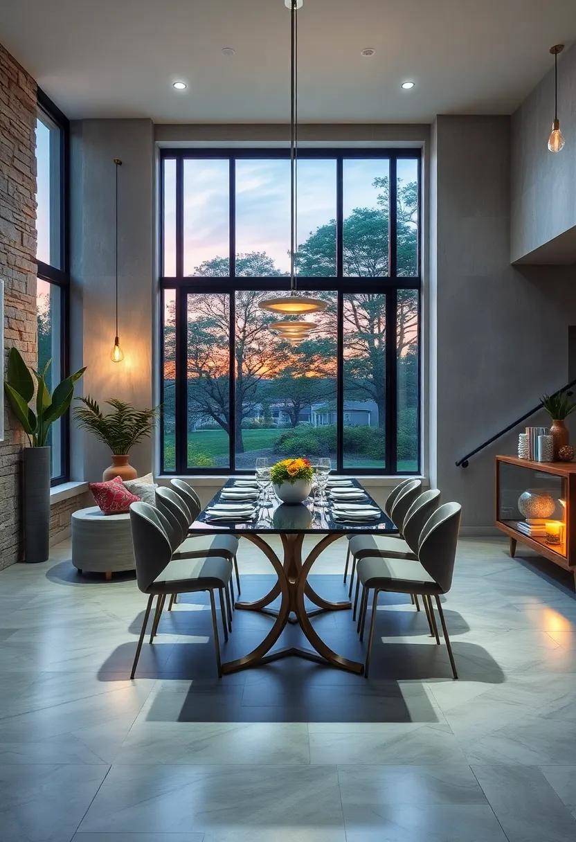 The Contrast of Bright Windows Framing Twilight Views While Soft Interior Light Enhances Evening Dinners