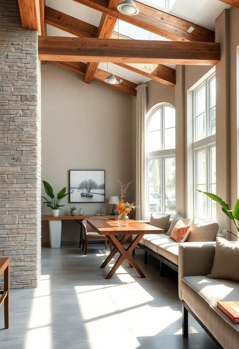 Illuminated Wooden Beams and Tossed Pillows Highlighting a Natural Palette in Breakfast Nooks with Abundant Sunlight