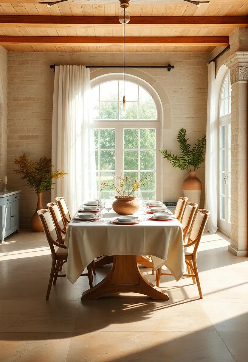 The Dance of Light and Shadow Over Vintage Linens and Rustic Tableware in Sunny Country-Style Dining Rooms