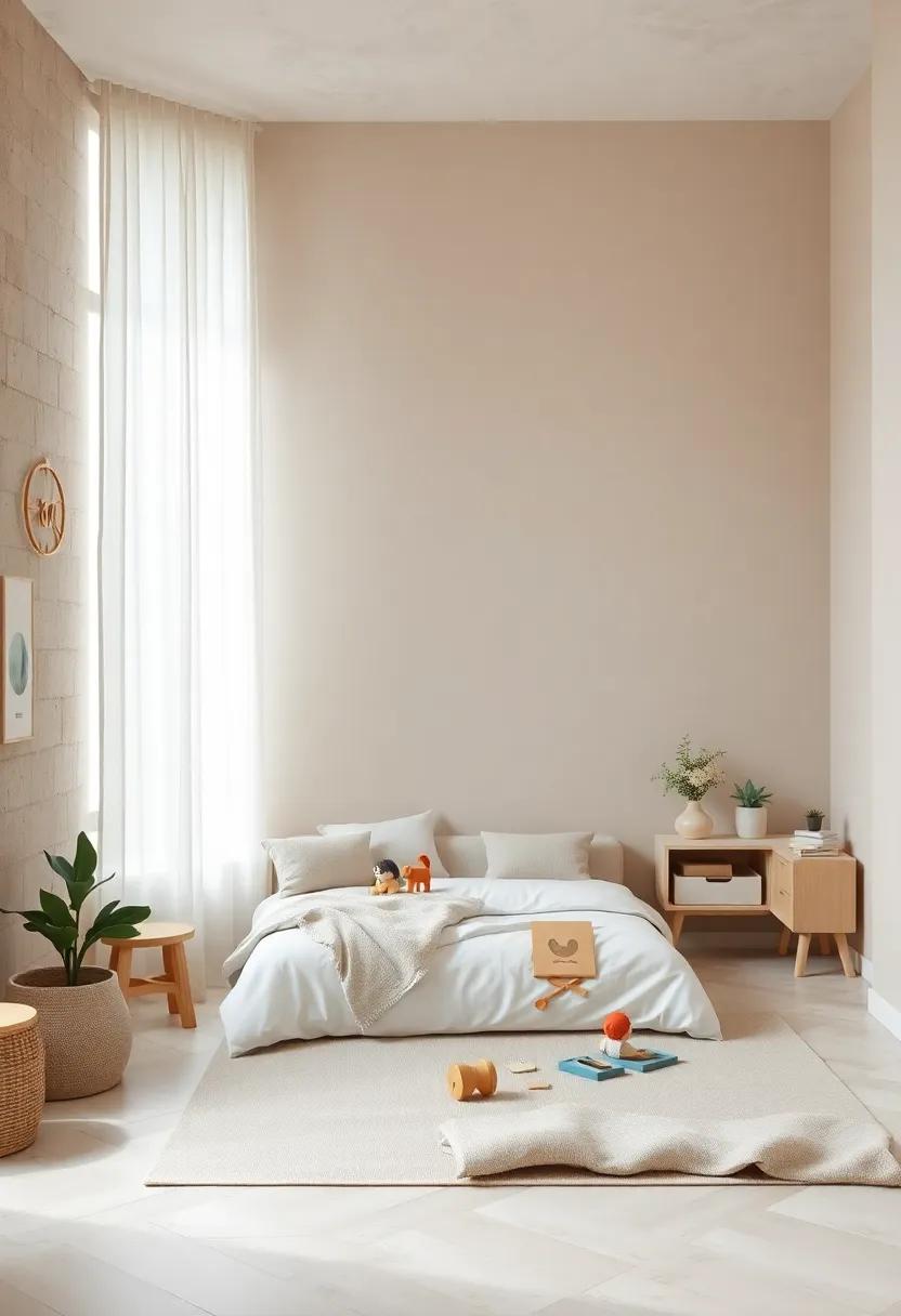 Calm Neutral Color Palette Swirling Softly Above A Minimalist Toddler Bed Arranged With Montessori Toys