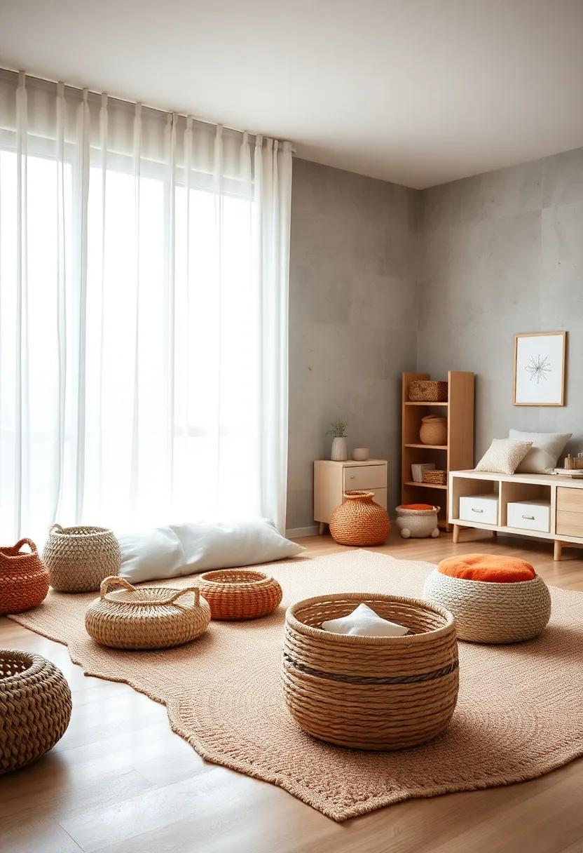 Serene Montessori-Inspired Floor Space With Soft Rugs And Accessible Baskets For Toddler Learning Activities