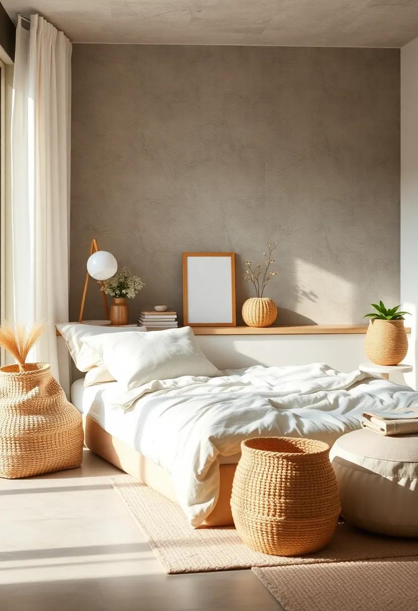 Softly Textured Bedding On A Low Toddler Bed Surrounded By Natural Fiber Storage Containers And Calm Décor