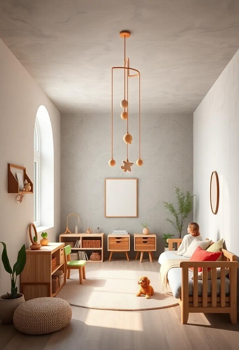 Smooth Wooden Mobiles Hanging From The Ceiling Evoking A Sense Of Calm And Focus In A Montessori Bedroom