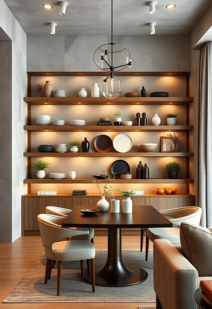 Tiered Open Shelving Filled with Contemporary Serveware and Statement Decorative Pieces