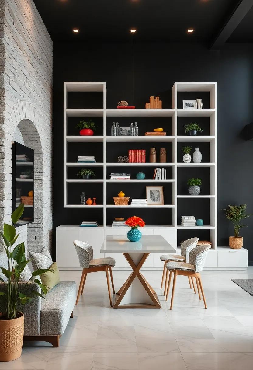 Clean White Shelving Units Contrasted Against Dark Walls to Highlight Colorful Table Accents