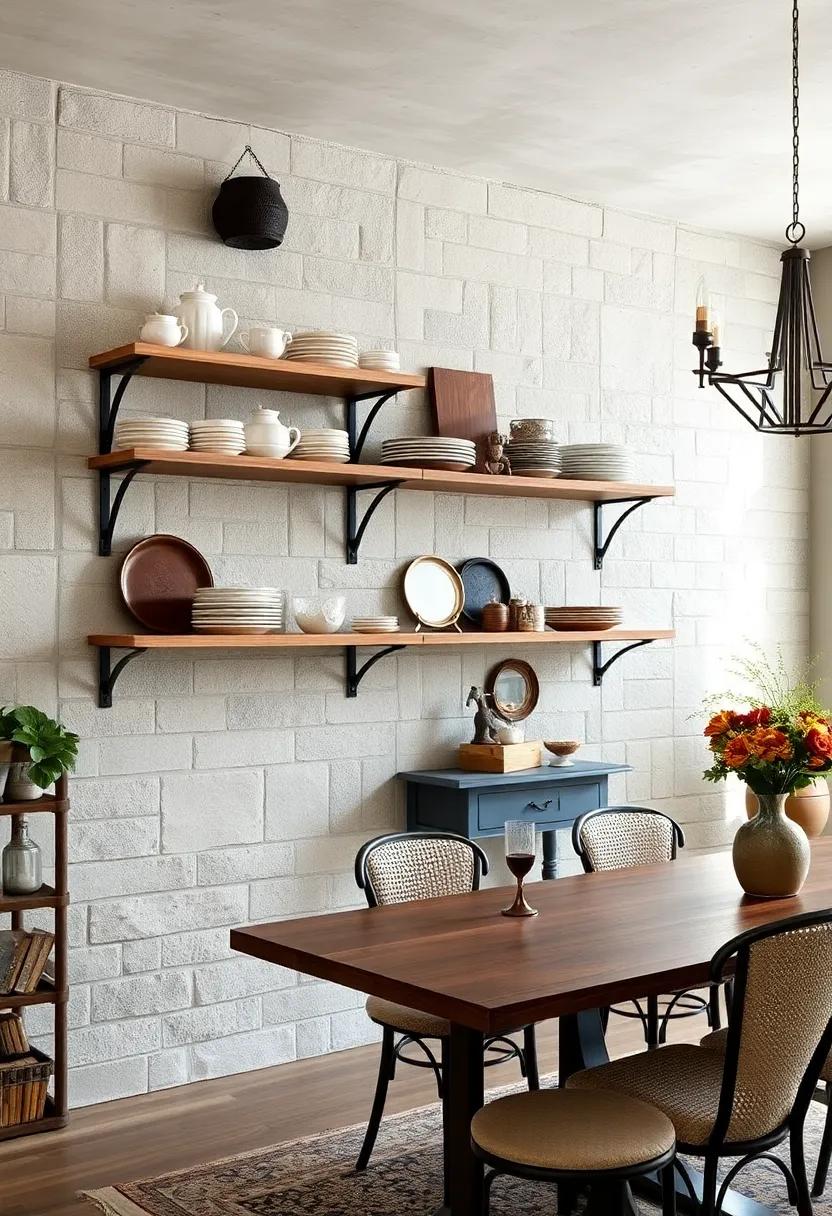 Rustic Metal Bracket Shelves Showcasing Vintage Crockery and Antique Dining Accessories