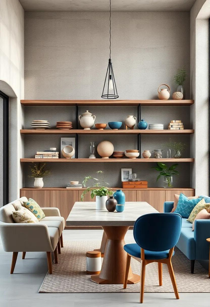 Artisan Crafted Open Shelves Featuring Hand-Painted Pottery and Textured Clay Elements
