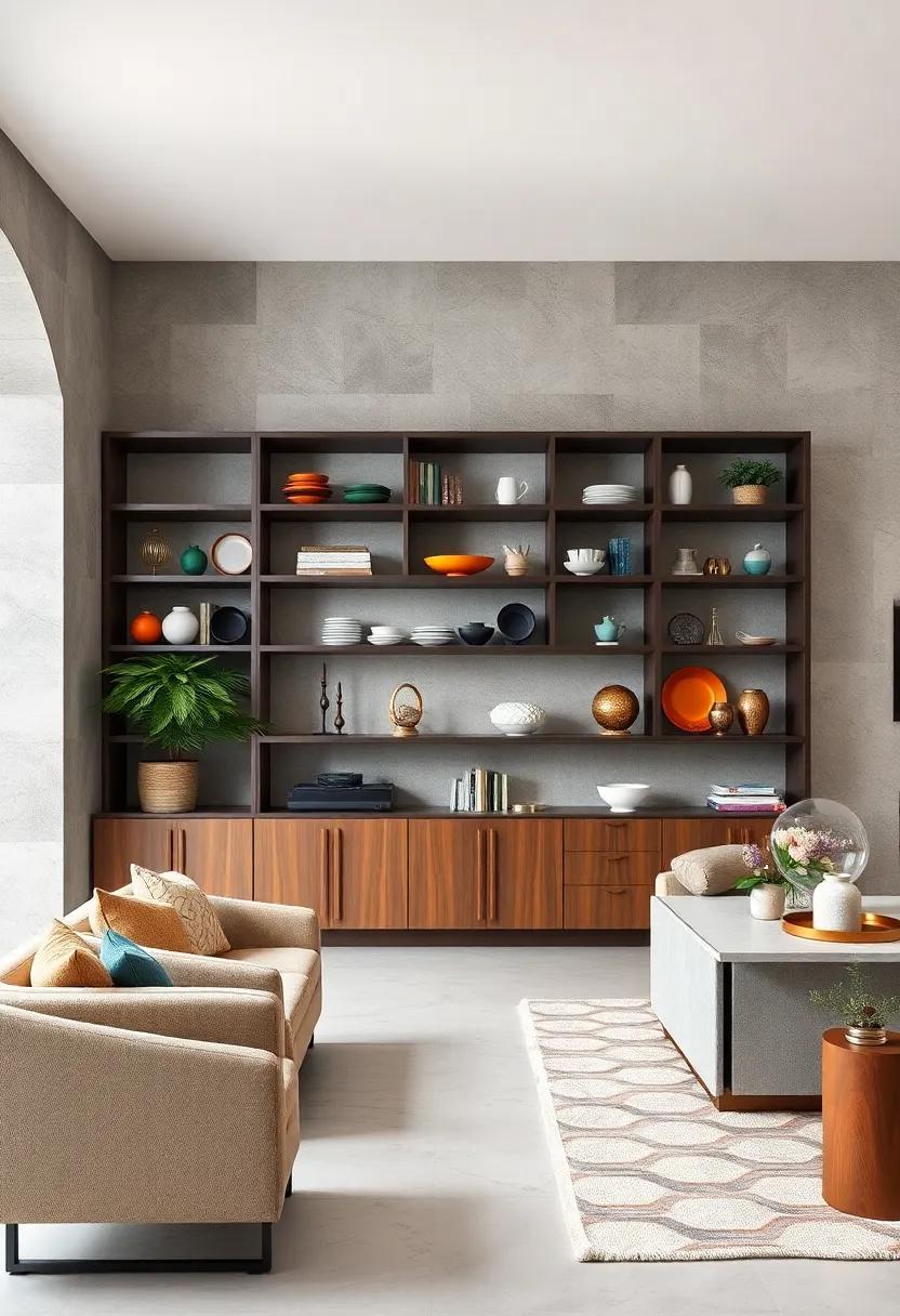 Bold Geometric Open Shelving Units Integrating Colorful Dishes and Sculptural Elements