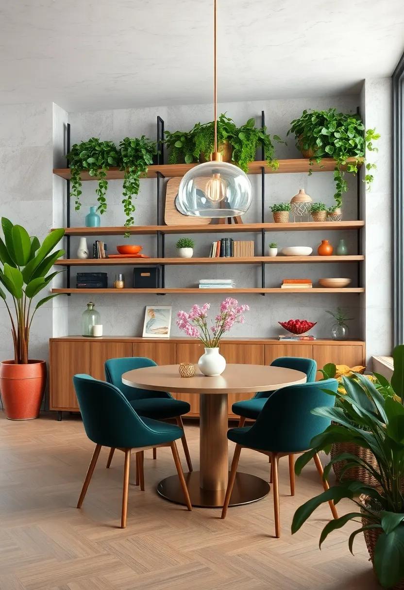 Lush Greenery Intertwined with Open Shelves to Create a Fresh and Inviting Dining Environment