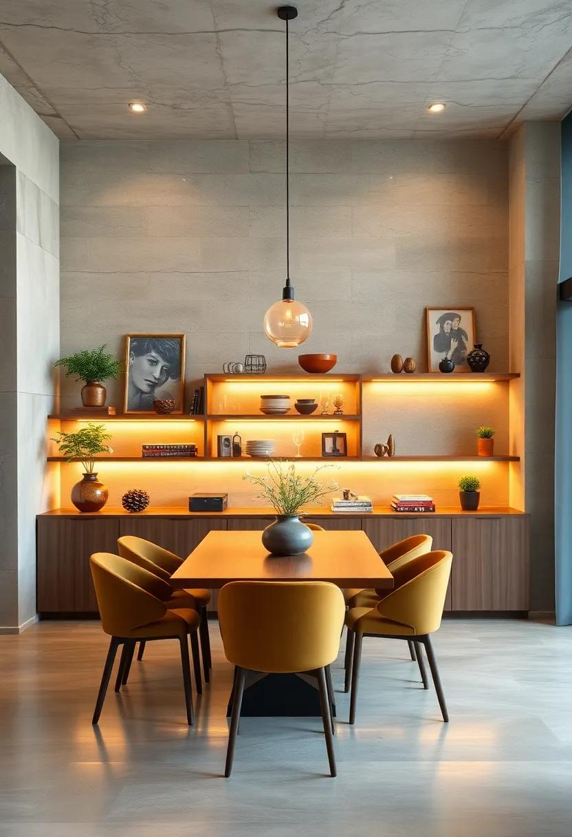 Open Shelving Highlighted by Warm Ambient Lighting That Enhances Decorative and Functional Items