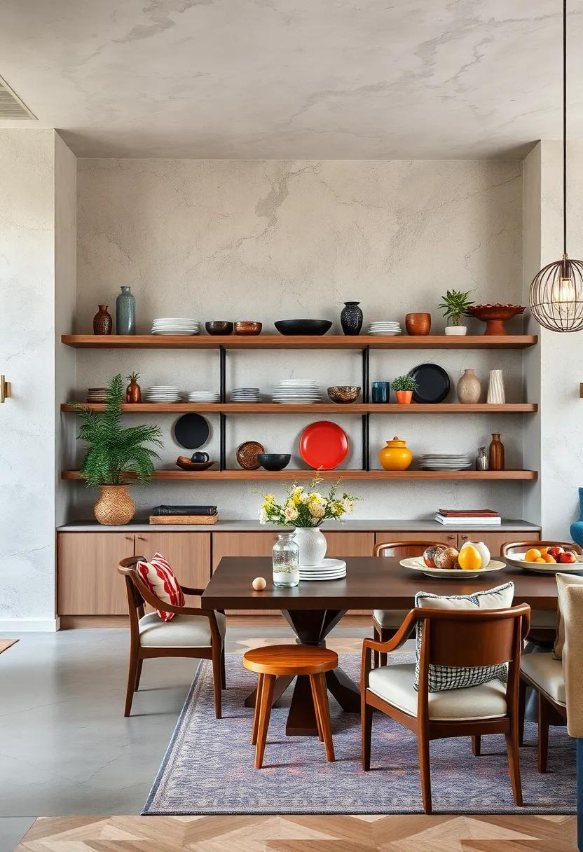 Eclectic Open Shelves Showcasing Multicultural Tableware and Handcrafted Serving Pieces