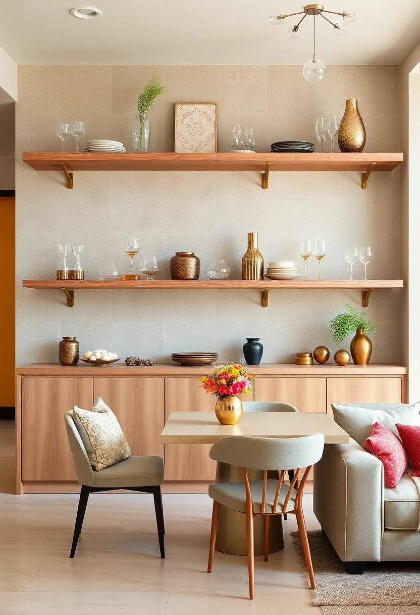 Brass Bracket Shelves Displaying Elegant Glassware and Metallic Accents for a Chic Look