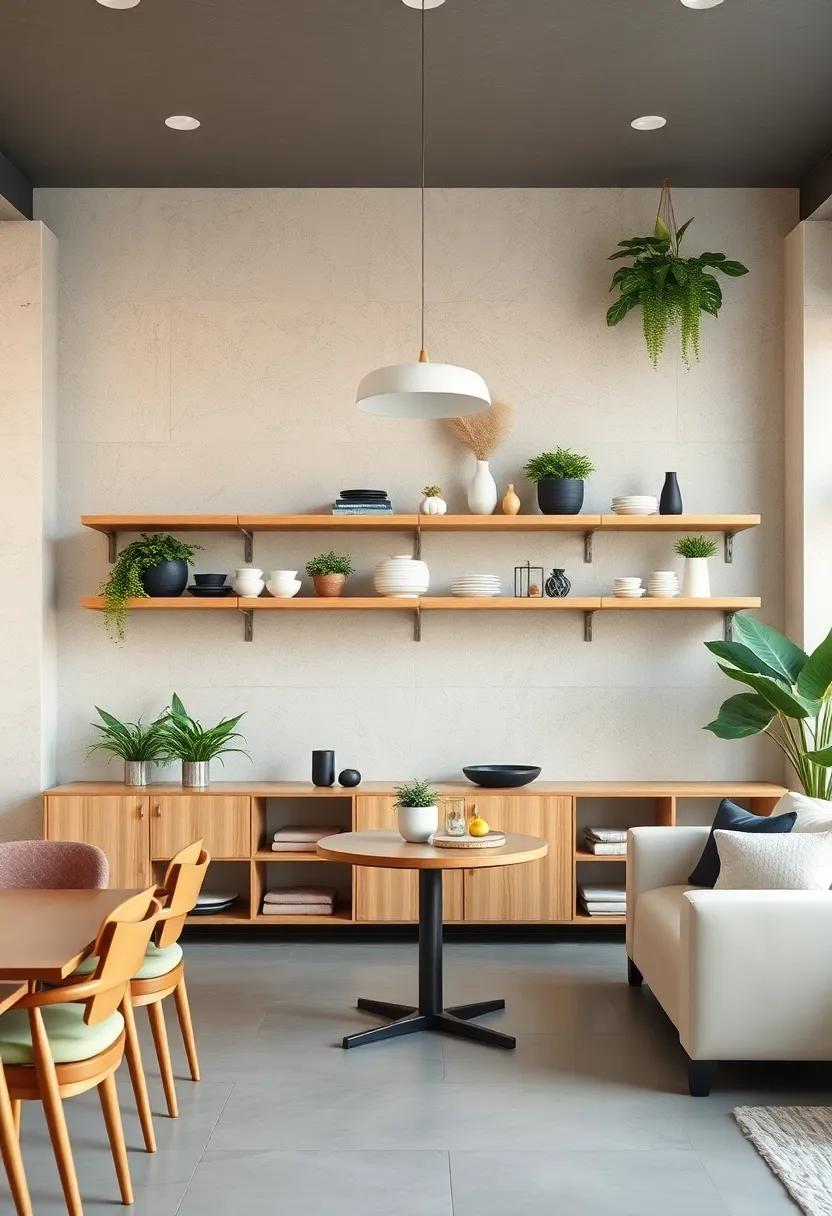 Scandinavian Inspired Light Wood Shelves Arranged with Monochrome Ceramics and Green Plants