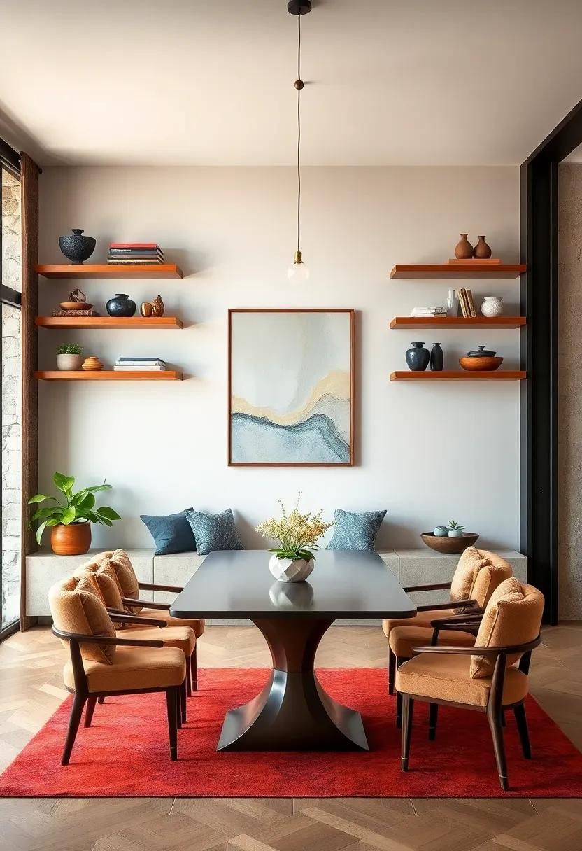 Open Shelves Paired with Statement Wall Art to Create Visually Dynamic Dining Room Vignettes