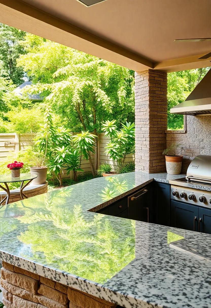 Capture the Elegance of Polished Granite Surfaces Glimmering Amidst Verdant Backyard Foliage