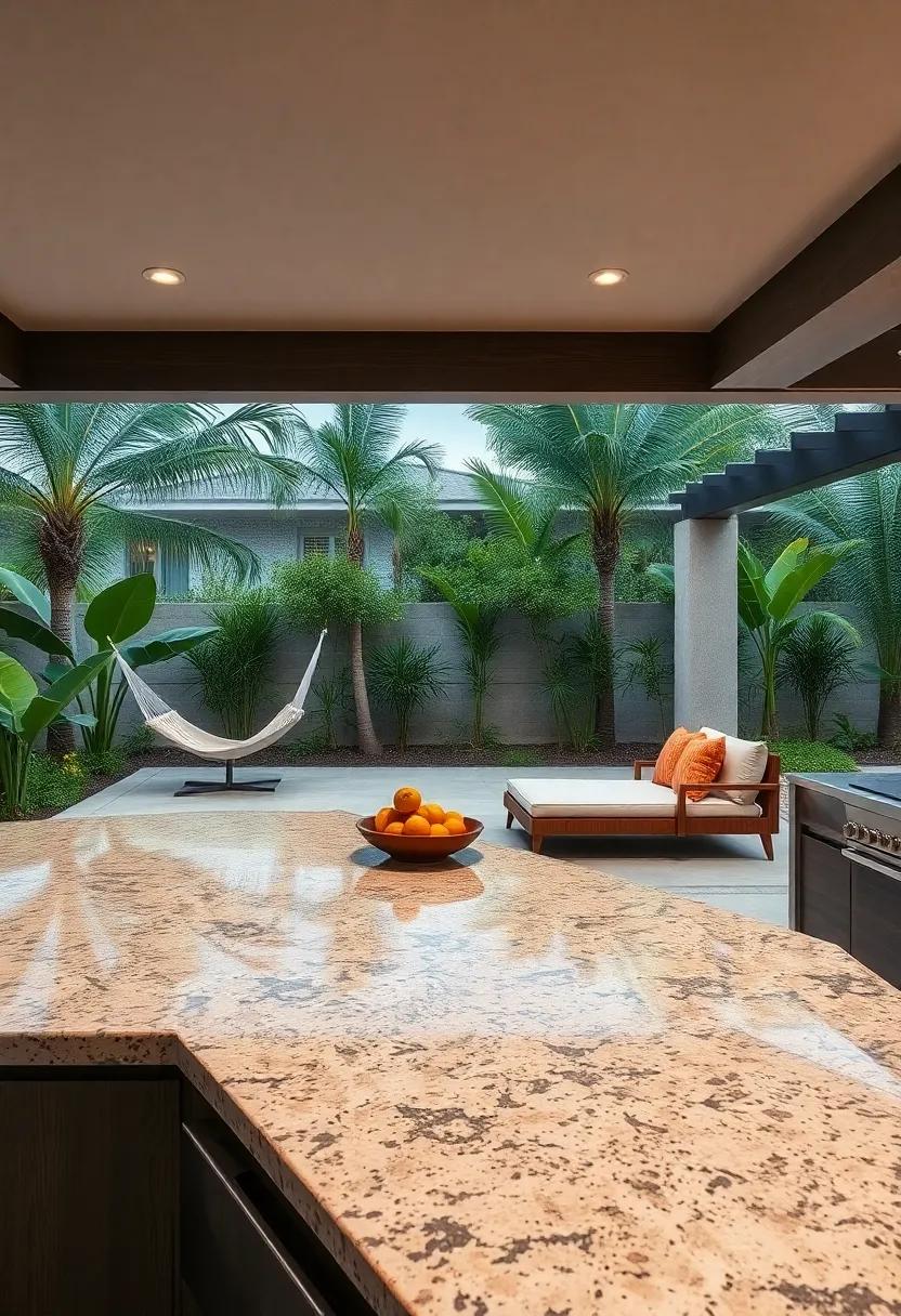 Capture the Organic Integration of Granite Countertops Within Tropical Landscaping and Hammock Lounges