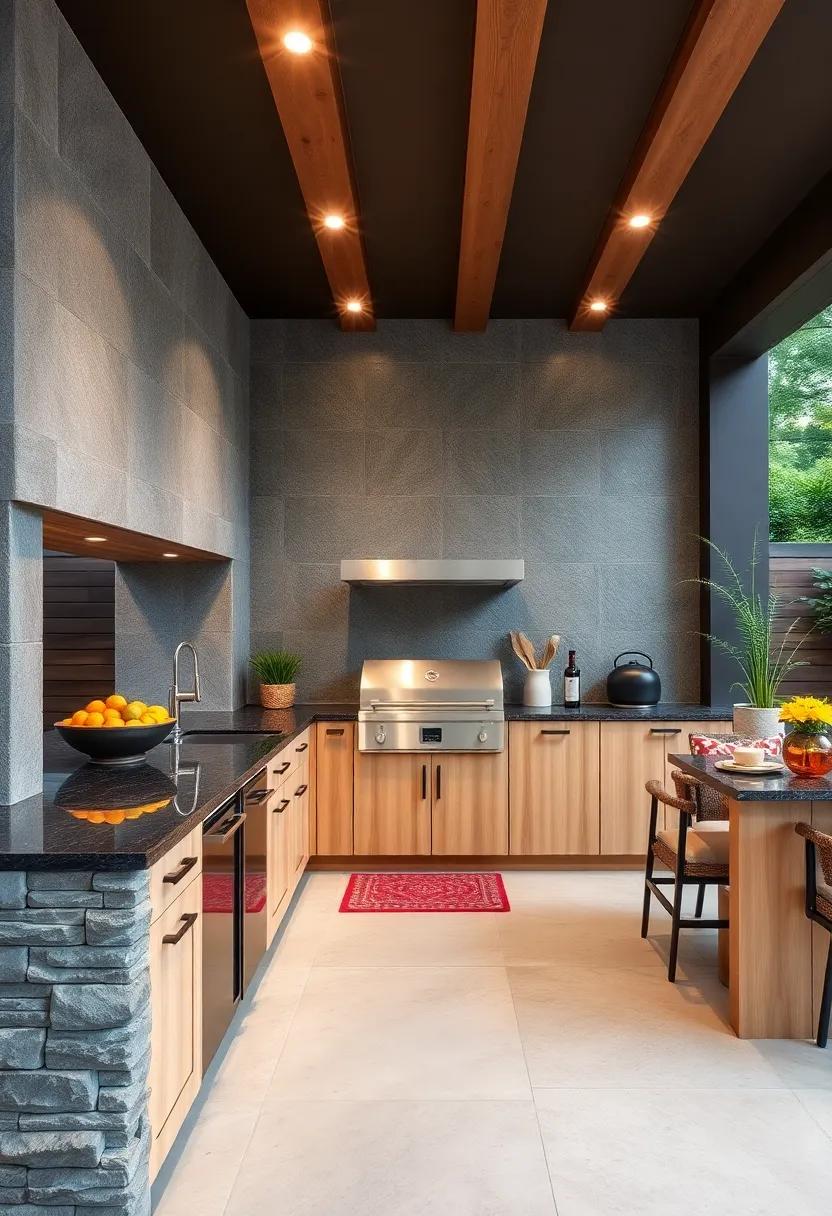 Celebrate the Contrast of Dark Granite Against Light Timber Cabinets in a Contemporary Outdoor Kitchen