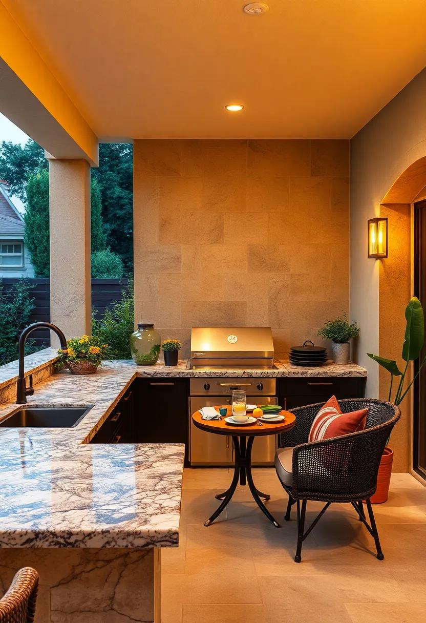 Depict a Cozy Outdoor Kitchen Corner Showcasing Granite with Warm Ambient Lighting for Evening Meals