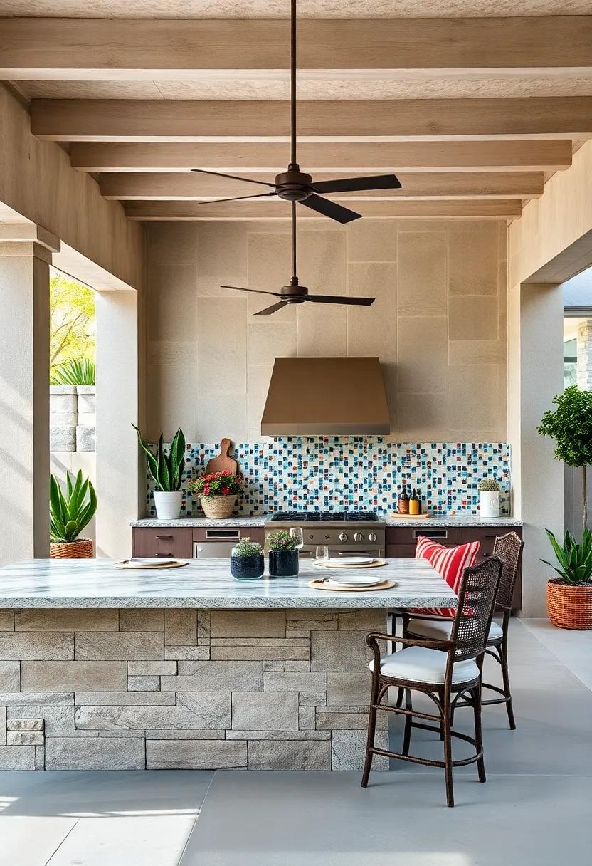 Depict Granite Countertops Interlaced with Vibrant Mosaic Tile Backsplashes in an Artistic Outdoor Setup