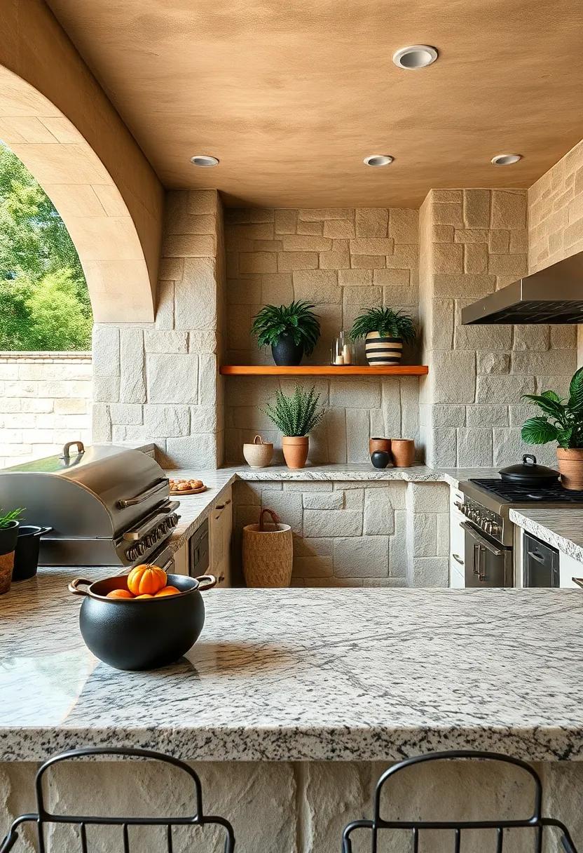 Display the Rustic Beauty of Raw-Edge Granite Counters Coupled With Cast Iron Cooking Equipment