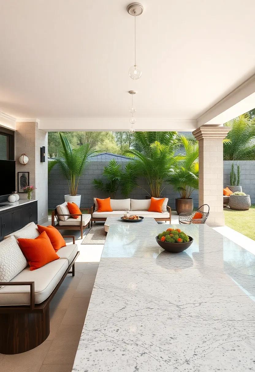 Illustrate the Fusion of Classic and Contemporary Aesthetic With Polished Granite and Minimalist Seating