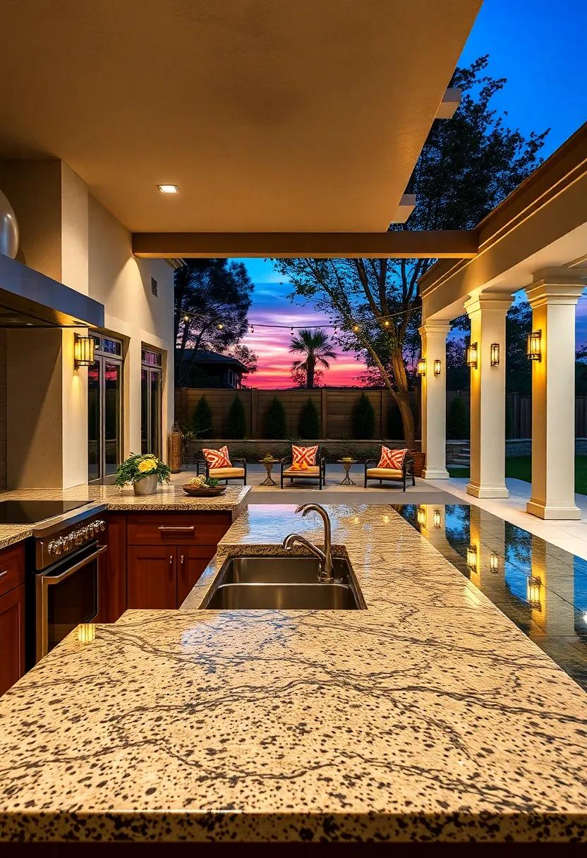 Illustrate Granite Surfaces Reflecting the Twilight Sky in an Elegant Backyard Patio Arrangement