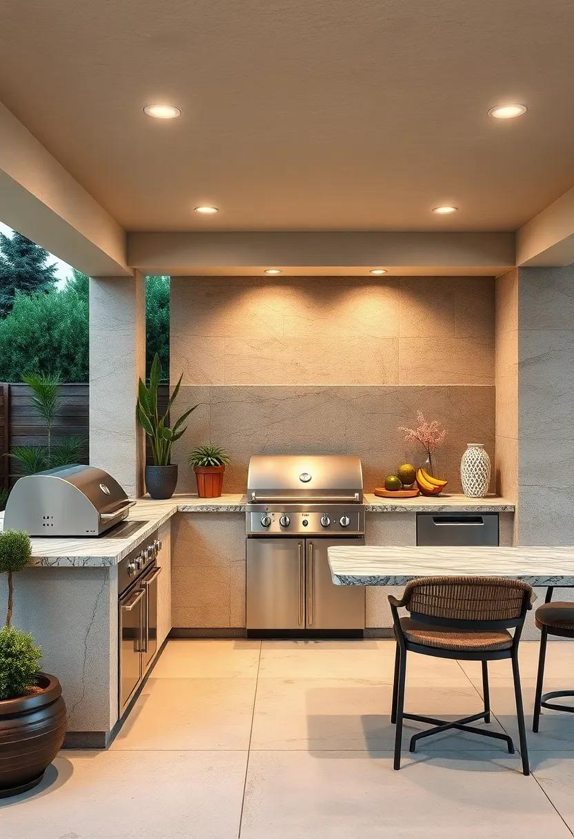 Illustrate a Modern Outdoor BBQ Station Featuring Sleek Granite Counters Paired with Stainless Steel Fixtures