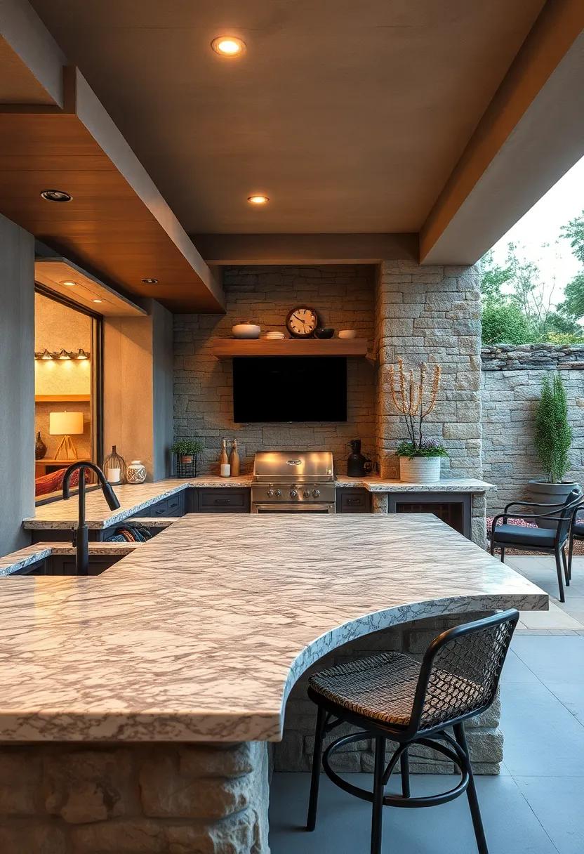 Picture the Balance Between Rough and Refined Textures in Granite Outdoor Counters Surrounded by Natural Stone Walls