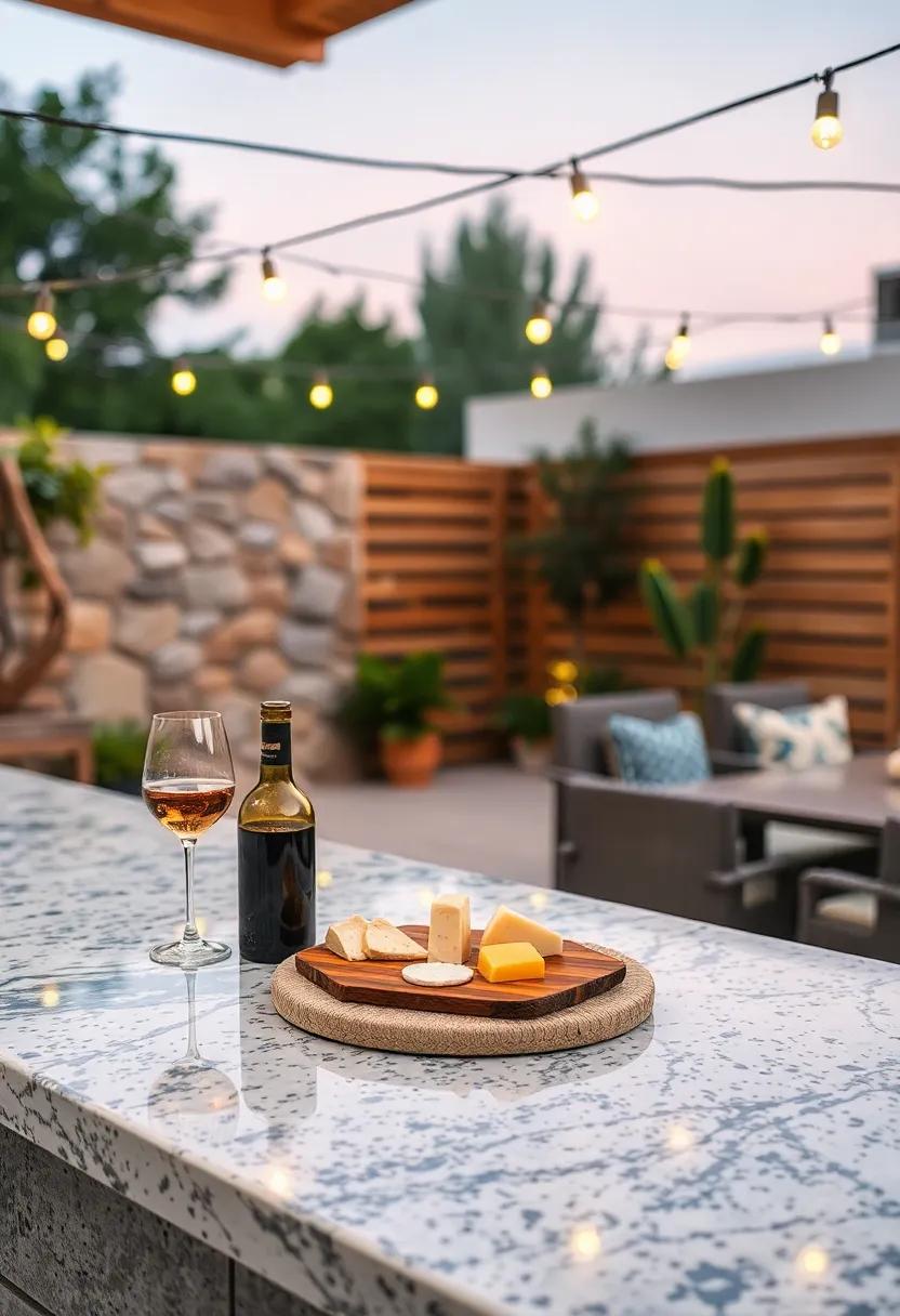 Present a Tranquil Evening Scene of Wine and Cheese Serving on a Granite Countertop Under String Lights