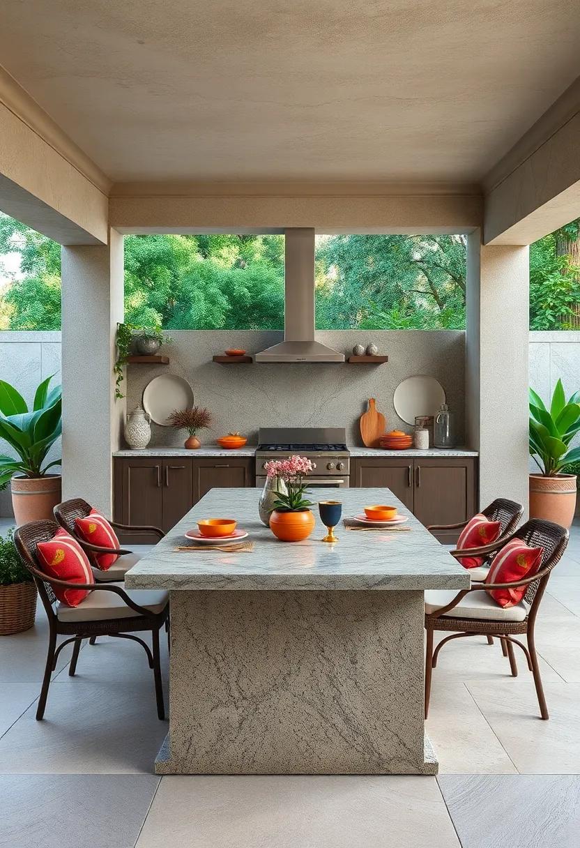 Reveal the Sophistication of Matte Granite Surfaces Paired With Colorful Ceramic Dinnerware in Open-Air Dining