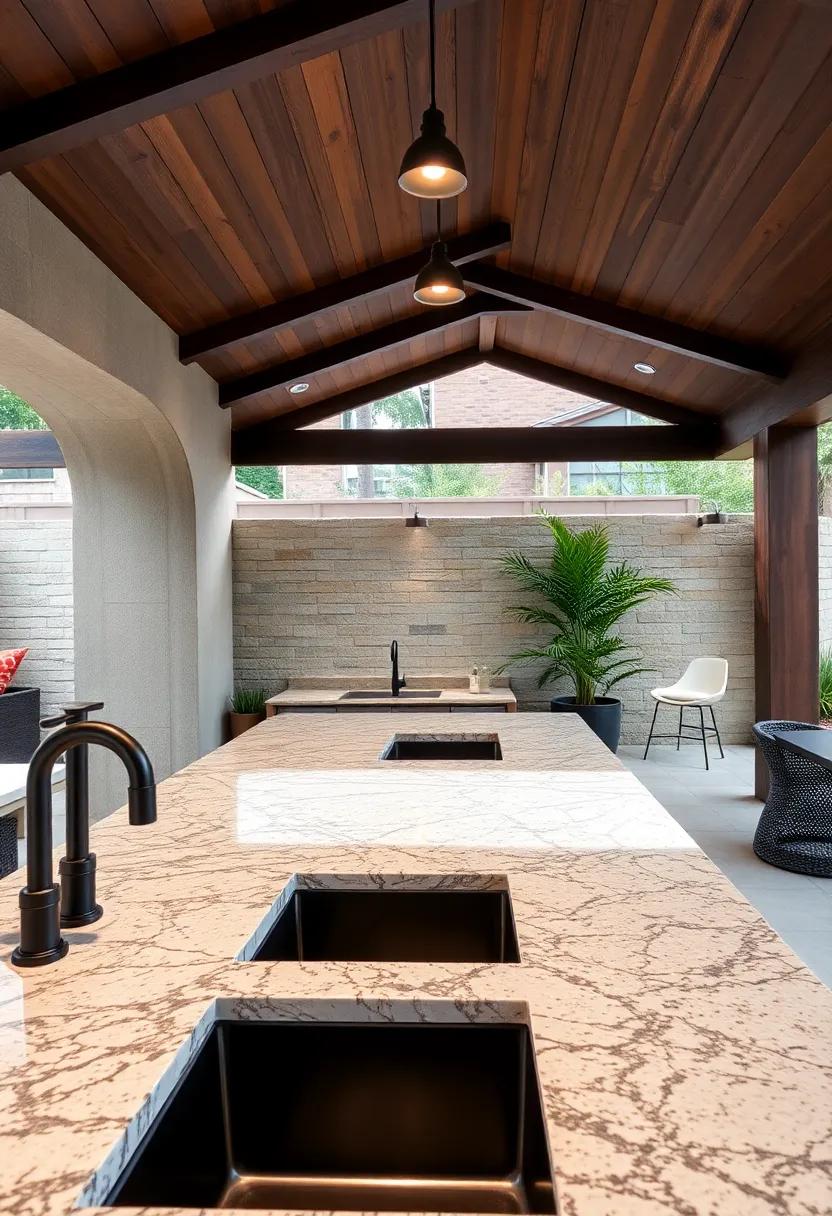 Show Granite Countertops Enhanced by Subtle Integrated Sinks and Contrasting Dark Faucet Fixtures