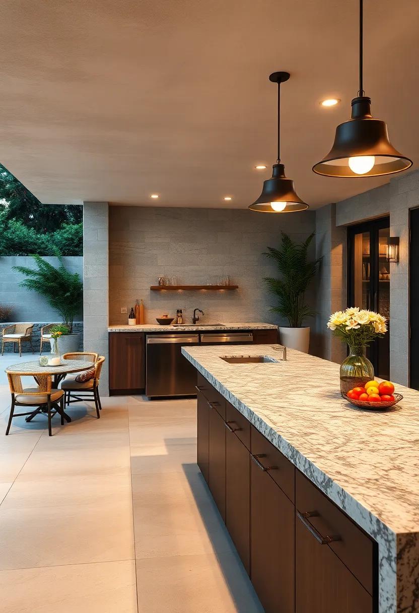 Show the Textural Depth of Honed Granite Integrated Into a Spacious Outdoor Dining Counter