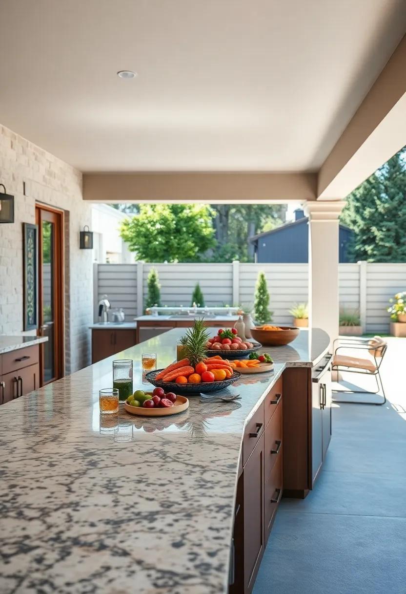 Visualize a Spacious Granite Counter Surface Hosting a Vibrant Barbecue Buffet in a Sunny Backyard