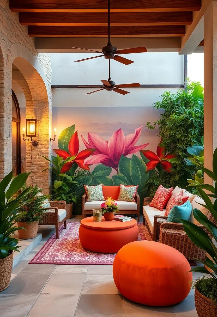 Elevate Your Patio Ambiance with Vibrant Tropical Wall Murals and Lush Greenery Surroundings