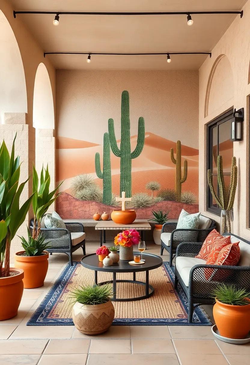 Capture Desert Serenity with Sand Dune and Cactus Murals Complemented by Terra-Cotta Pots