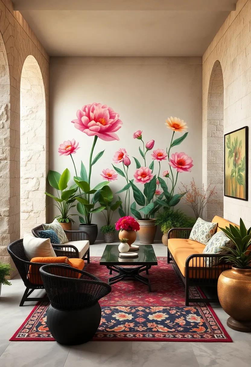 Create an Artistic Statement Wall with Hand-Painted Floral Murals and Vibrantly Patterned Rugs