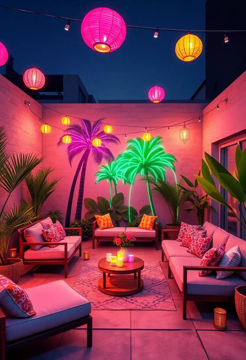 Channel Tropical Nightlife with Neon Palm Tree Murals and Colorful Lanterns for Evening Magic