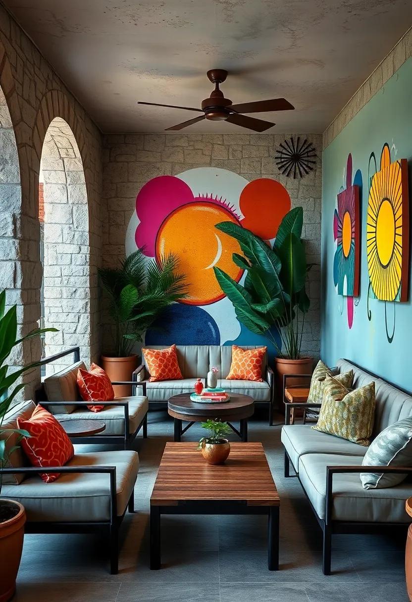 Introduce Playful Energy Through Colorful Pop Art Wall Graphics and Eclectic Seating Arrangements