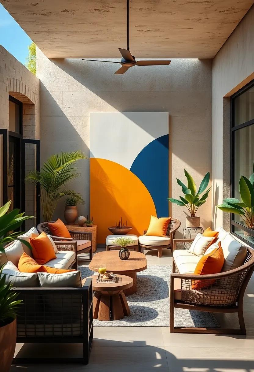 Add a Touch of Modern Minimalism with Abstract Geometric Murals and Sleek Outdoor Furniture