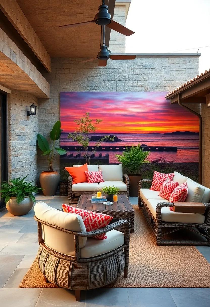 Bring Warmth with Sunset Horizon Murals Blended Seamlessly with Rustic Lighting and Throw Pillows
