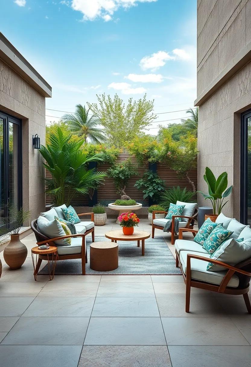 Balancing Bright Fabrics with Neutral Patio Flooring for Contemporary Harmony