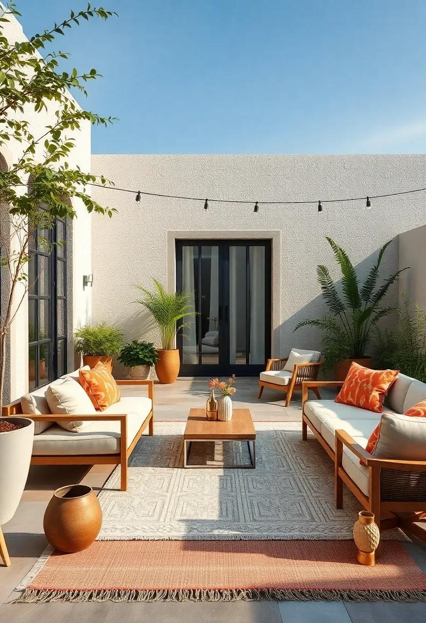 Neutral-Colored Outdoor Rugs Anchoring and Softening Garden Lounges with Style