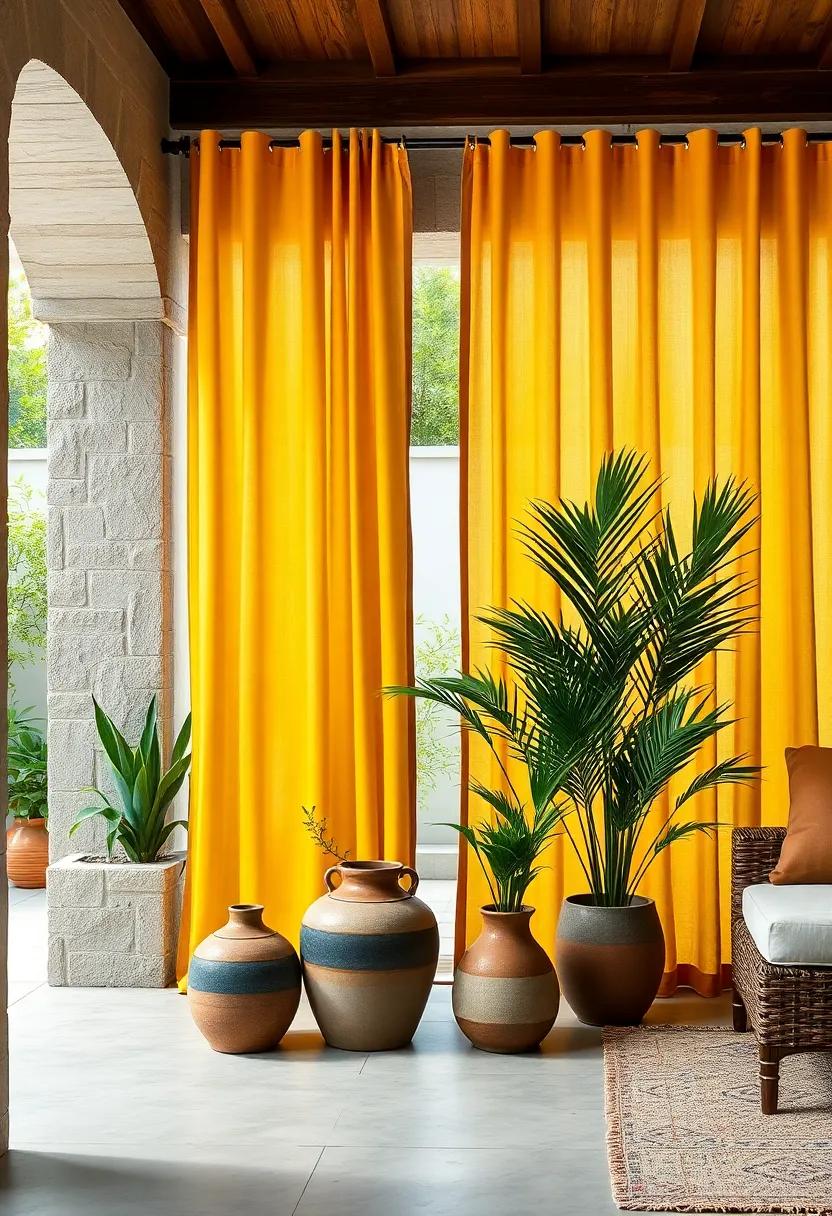Artisan Pottery and Tall Green Plants Positioned Around Flowing Mustard Yellow Curtains