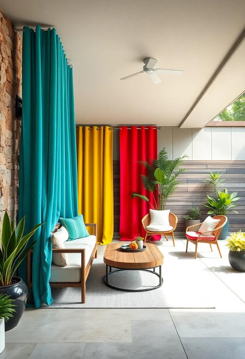 Bold Color Block Curtains Adding Vibrant Flair to a Minimalist Outdoor Lounge Space