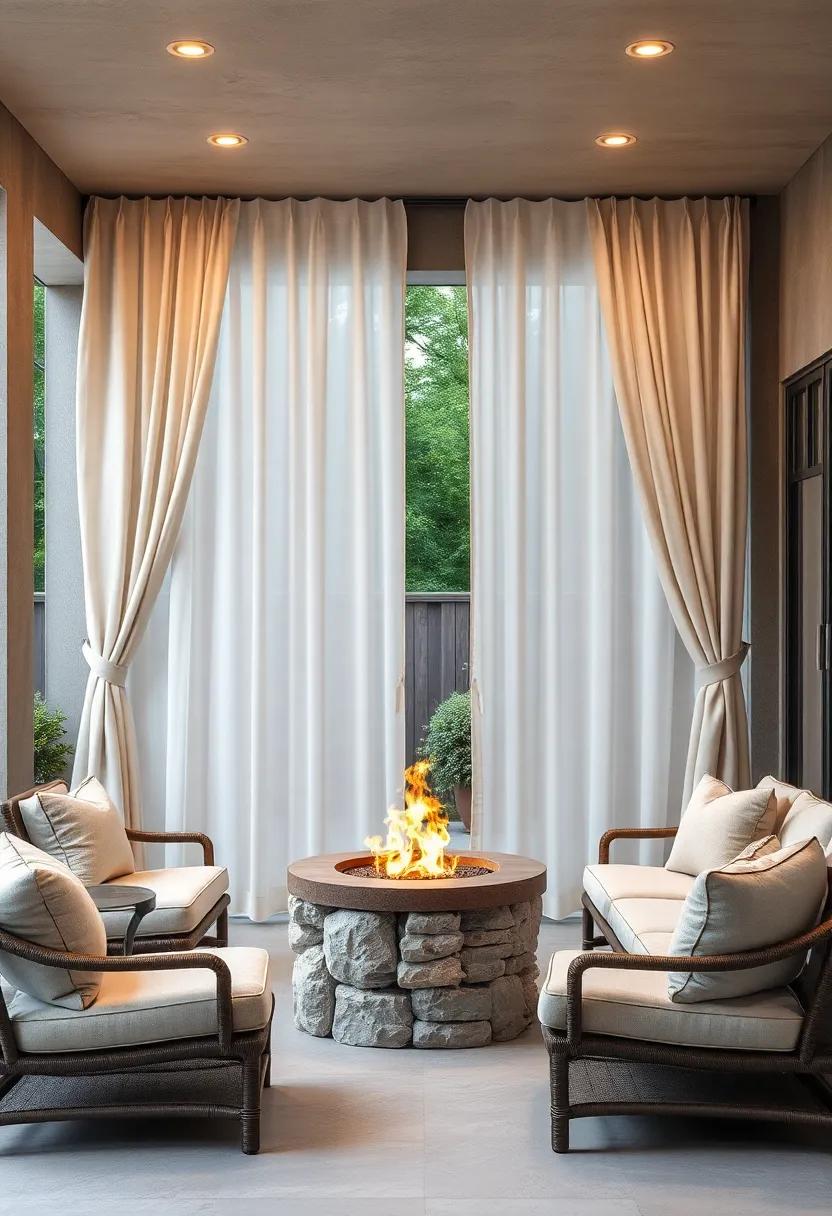 Cascading Ivory Curtains Complementing a Cozy Fire Pit with Plush Neutral Cushions
