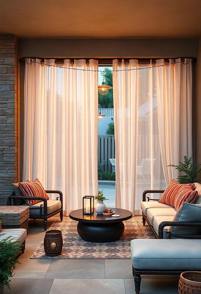 Cozy Evening Retreat with Warm Lantern Glows Behind White Sheer Patio Curtains