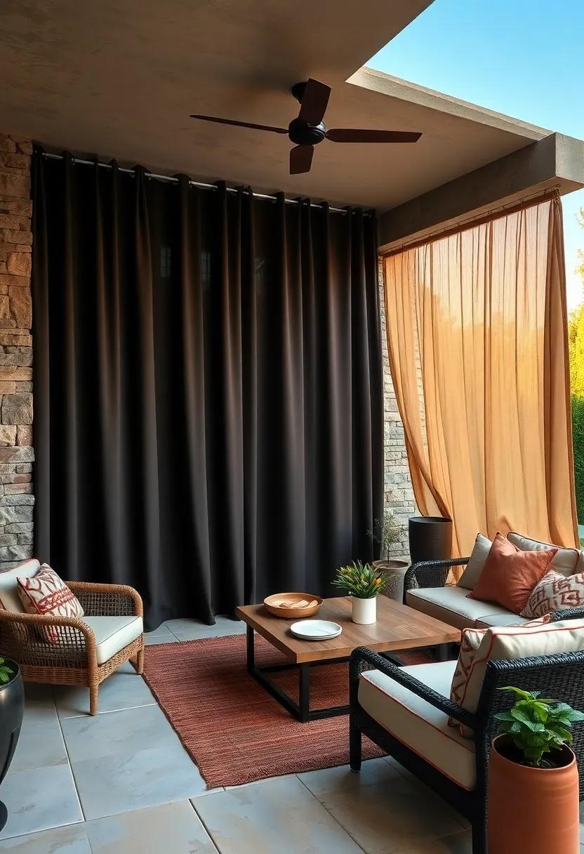 Dramatic Blackout Outdoor Curtains Providing Shelter for Intimate Dinner Gatherings