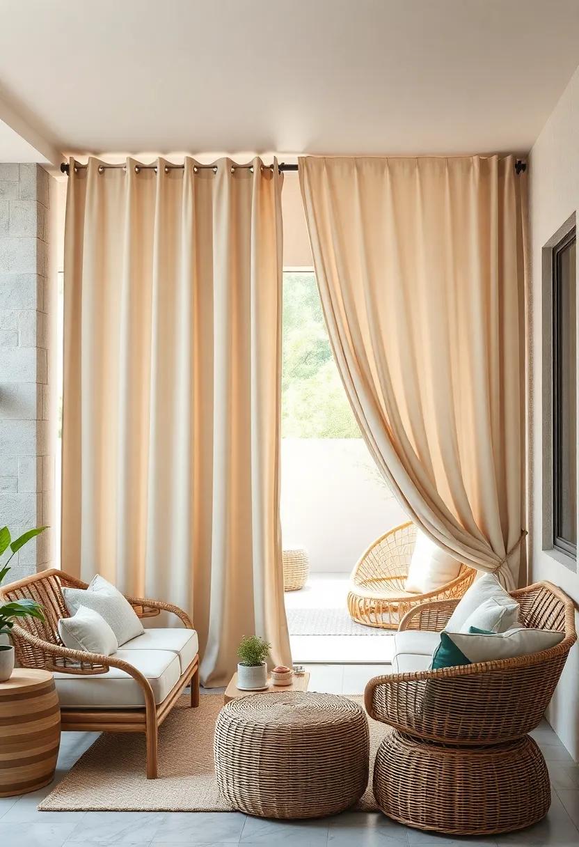 Draped Outdoor Curtains Casually Parted to Reveal a Cozy Corner with Rattan Furniture